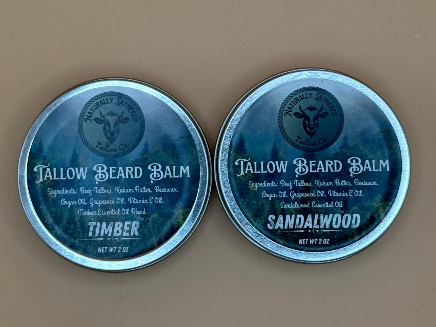 Two tins of Tallow Beard Balm on a beige background