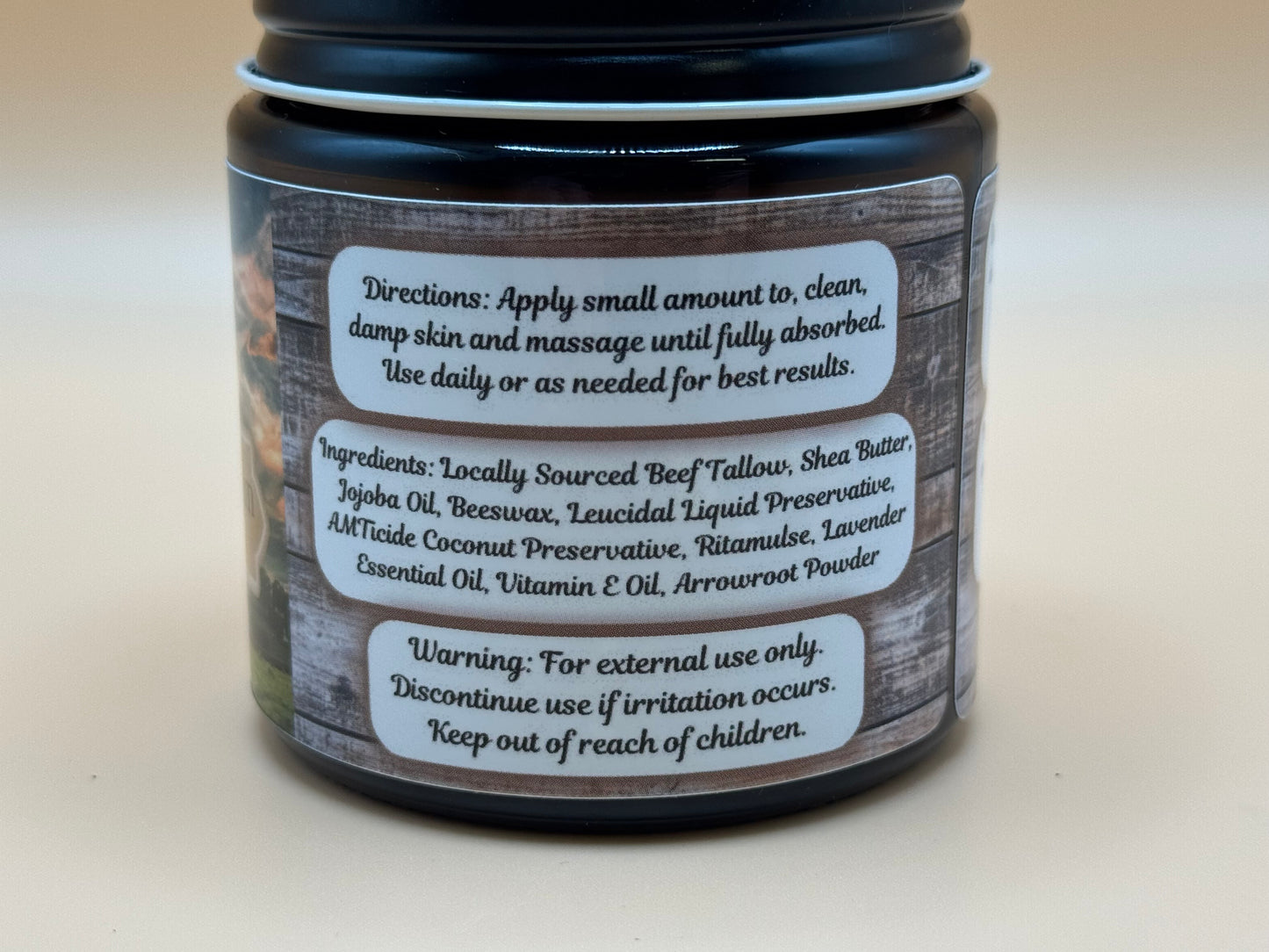Jar with a label detailing directions, ingredients, and warnings on a beige background
