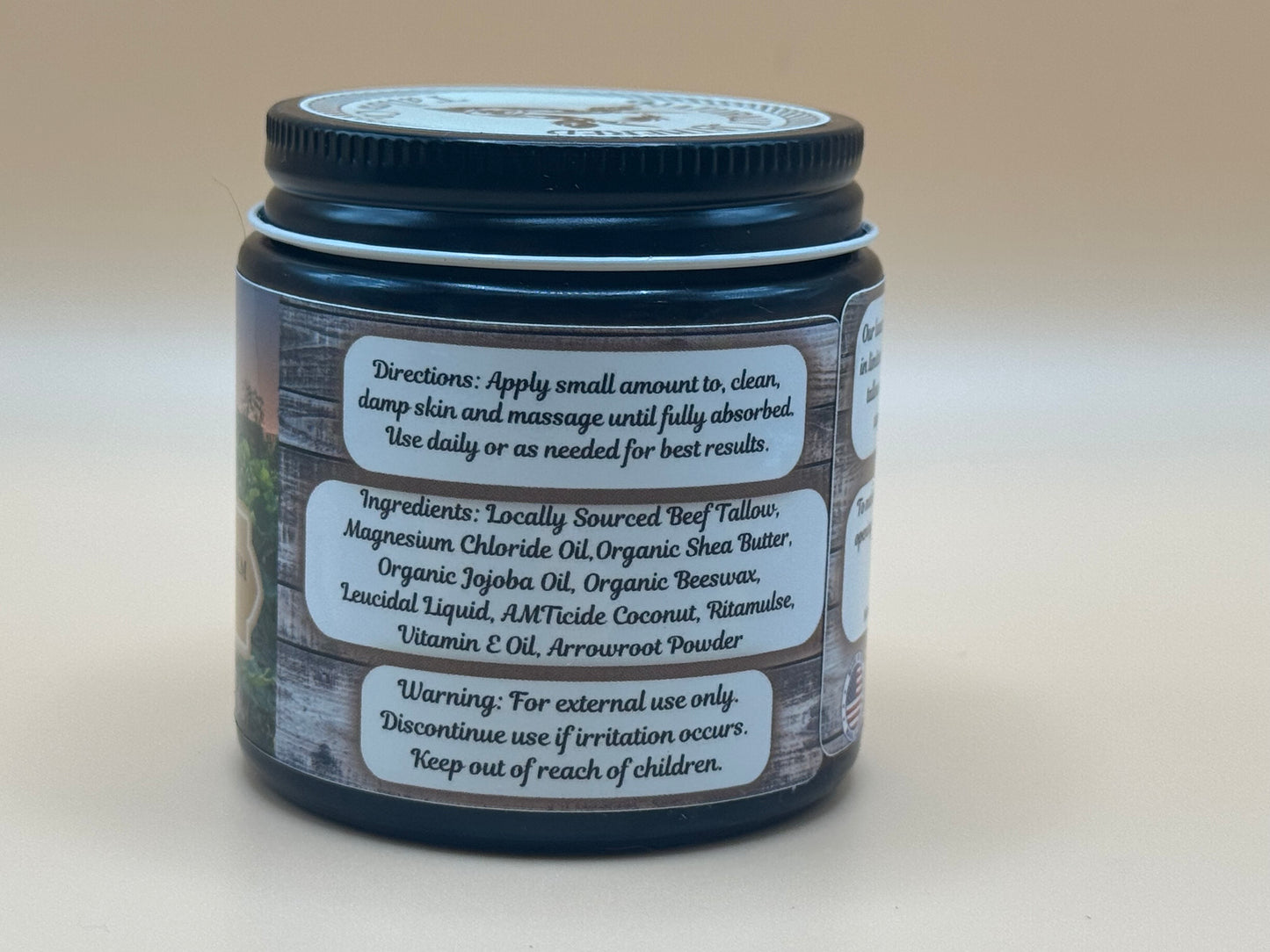 Jar with a label on a beige background
