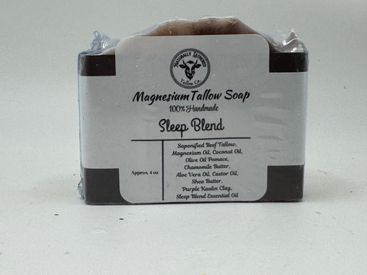 Bar of magnesium tallow soap with a label on a white background